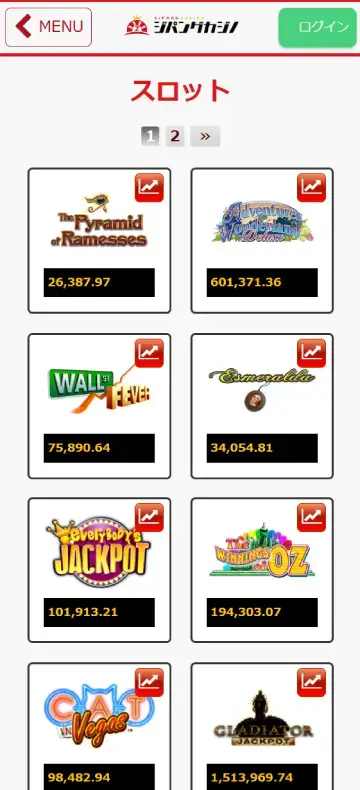 ジパングカジノ スロットページ（モバイルビュー）