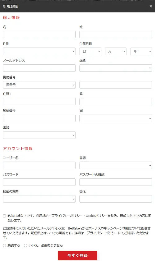 ベットレベルズスポーツの登録画面２