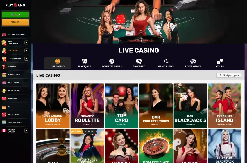 プレイアモカジノ ライブカジノページ（デスクトップビュー）