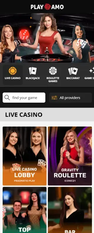 プレイアモカジノ ライブカジノページ（モバイルビュー）