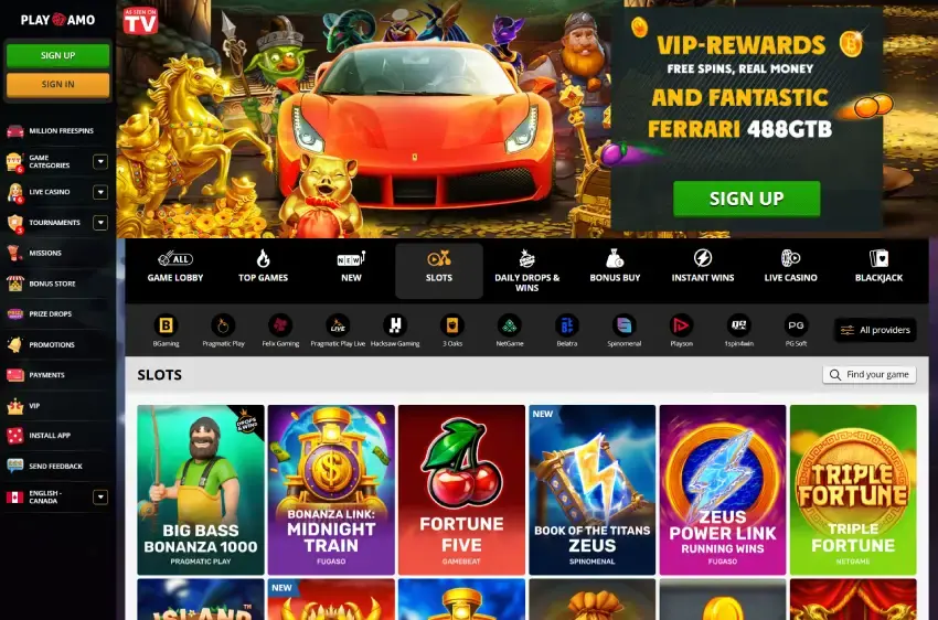 プレイアモカジノ スロッツページ（デスクトップビュー）