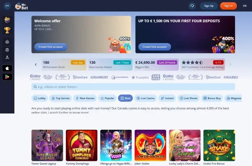 ミスター・ベット スロットページ（デスクトップビュー）