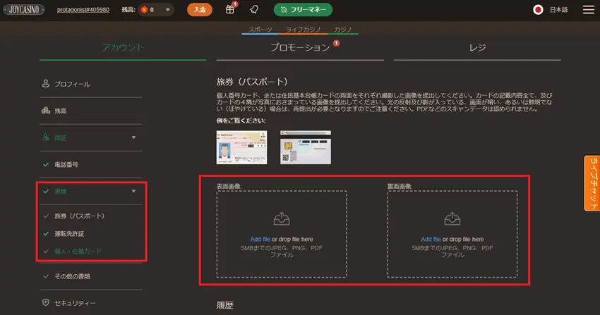 ジョイカジノ　本人確認書類