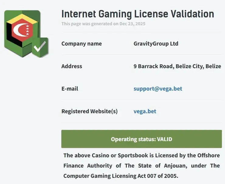 VEGABET ライセンス